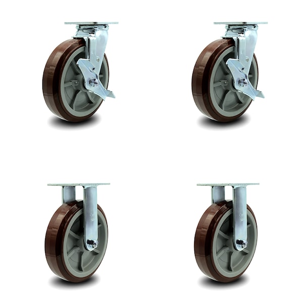 8 Inch Polyurethane Caster Set with Roller Bearings 2 Brake 2 Rigid SCC